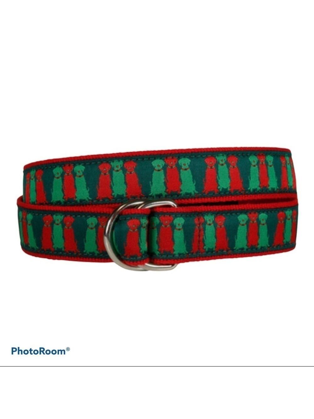 The Belted Cow Three Wise Labs Dog Belt Red Green Leather Trim Preppycore